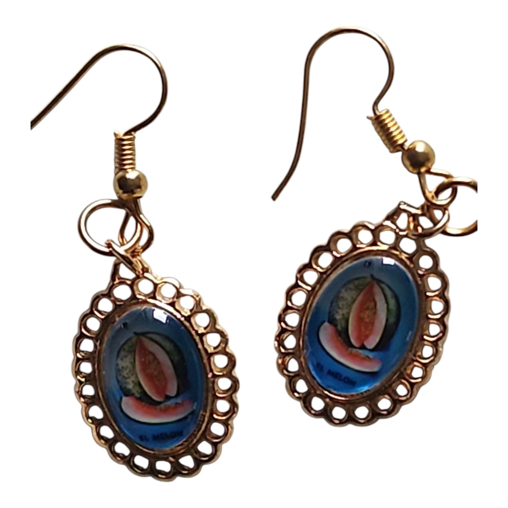 Vintage Gold Tone and Blue Oval Earrings with Beaded Detailing